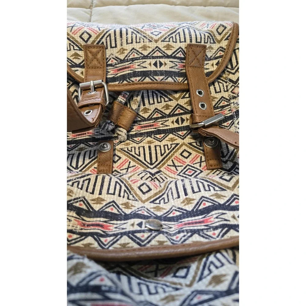 Mudd Aztec Backpack Boho Tribal Print Canvas Faux Leather Festival Bag Y2K Geode